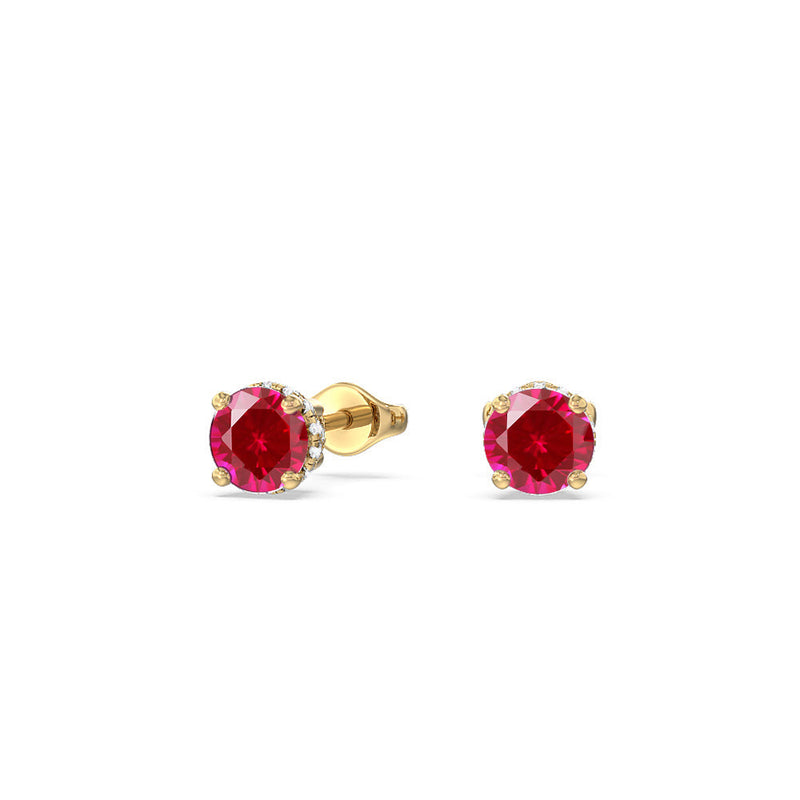 Round Created Ruby and Lab Diamond Classic Solitaire Under-Halo Earrings