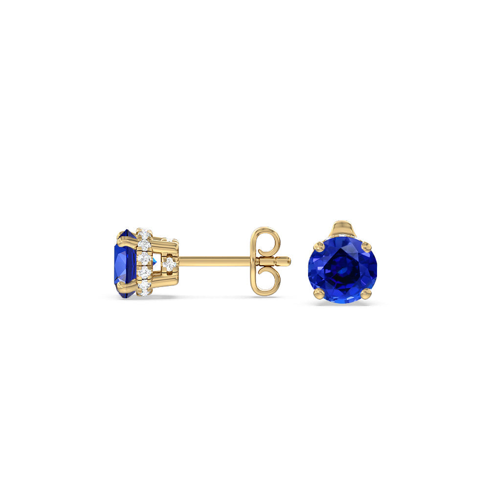 Round Created Sapphire and Lab Diamond Classic Solitaire Under-Halo Earrings with 14KT Yellow Gold Cut Diamond in 14KT Yellow Gold view 2
