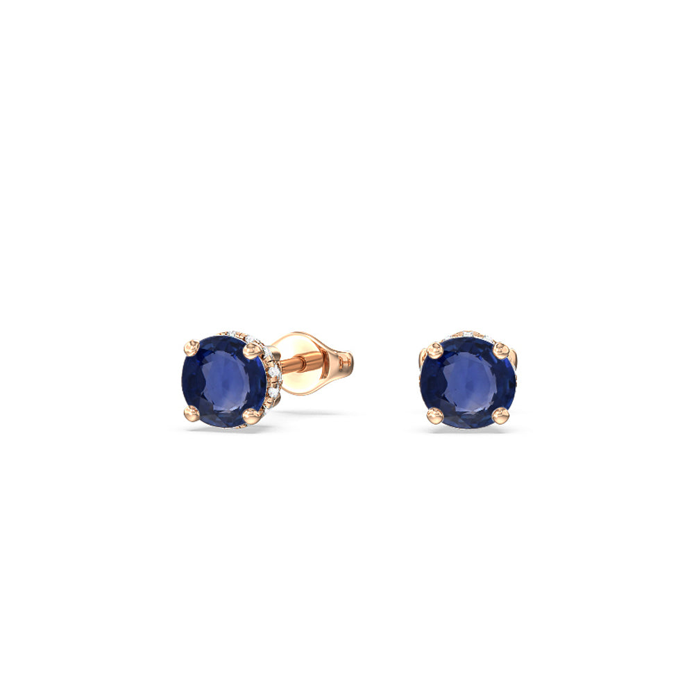 Round Sapphire and Lab Diamond Classic Solitaire Under-Halo Earrings with 7 Cut Diamond in 14KT Rose Gold view 1
