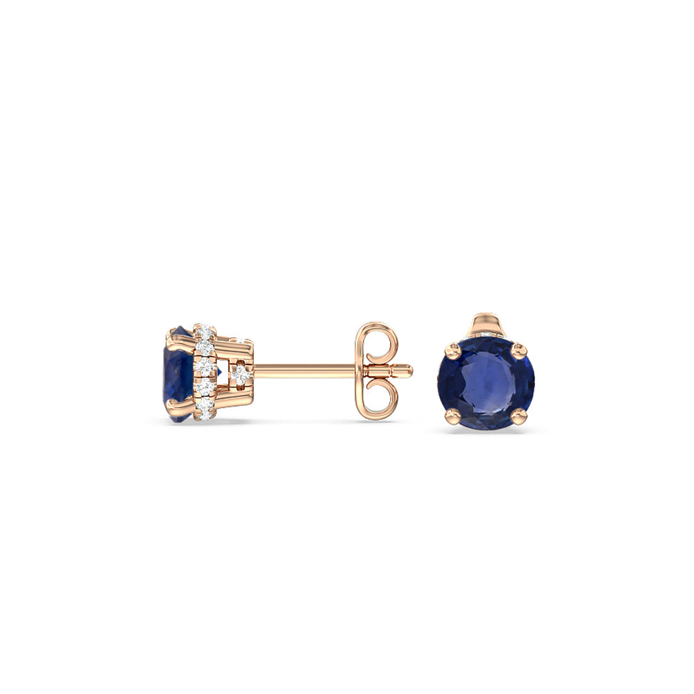 Round Sapphire and Lab Diamond Classic Solitaire Under-Halo Earrings with 7 Cut Diamond in 14KT Rose Gold view 2
