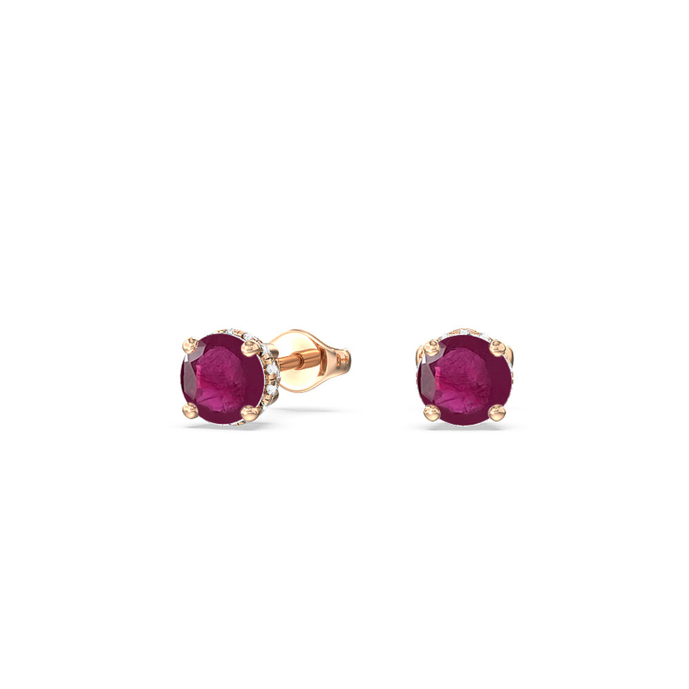 Round Ruby and Lab Diamond Classic Solitaire Under-Halo Earrings with 6 Cut Diamond in 14KT Rose Gold view 1
