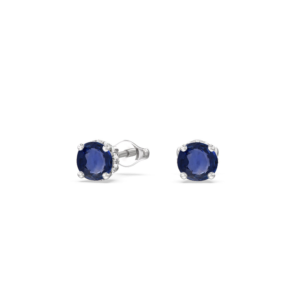 Round Sapphire and Lab Diamond Classic Solitaire Under-Halo Earrings with 7 Cut Diamond in 14KT White Gold view 1
