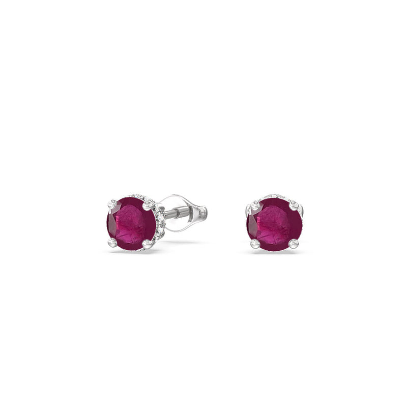 Round Ruby and Lab Diamond Classic Solitaire Under-Halo Earrings