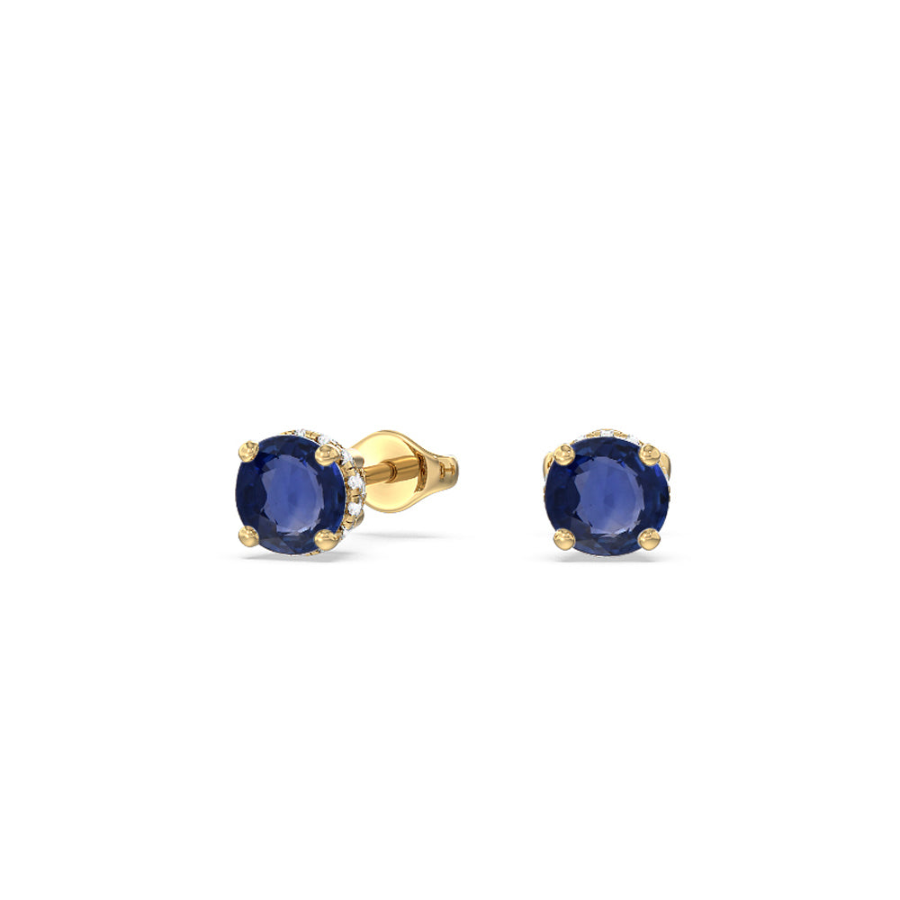 Round Sapphire and Lab Diamond Classic Solitaire Under-Halo Earrings with 7 Cut Diamond in 14KT Yellow Gold view 1
