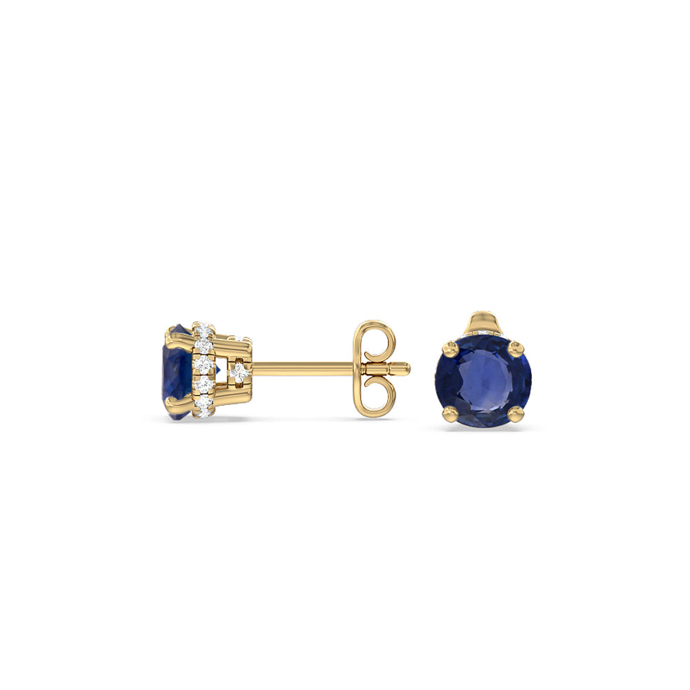 Round Sapphire and Lab Diamond Classic Solitaire Under-Halo Earrings with 7 Cut Diamond in 14KT Yellow Gold view 2
