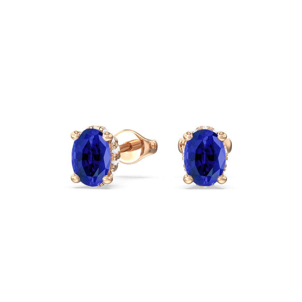 Oval Created Sapphire and Lab Diamond Classic Solitaire Under-Halo Earrings with 14KT Rose Gold Cut Diamond in 14KT Rose Gold view 1
