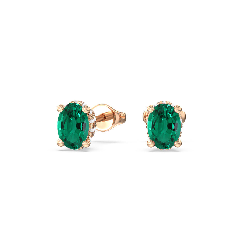 Oval Shape Created Emerald and Lab Diamond Classic Solitaire Under-Halo Earrings with 14KT Rose Gold Cut Diamond in 14KT Rose Gold view 1
