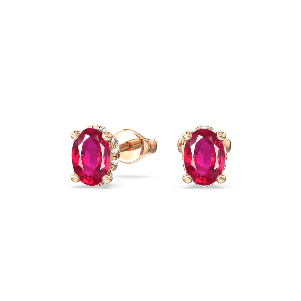 Oval Created Ruby and Lab Diamond Classic Solitaire Under-Halo Earrings with 14KT Rose Gold Cut Diamond in 14KT Rose Gold view 1
