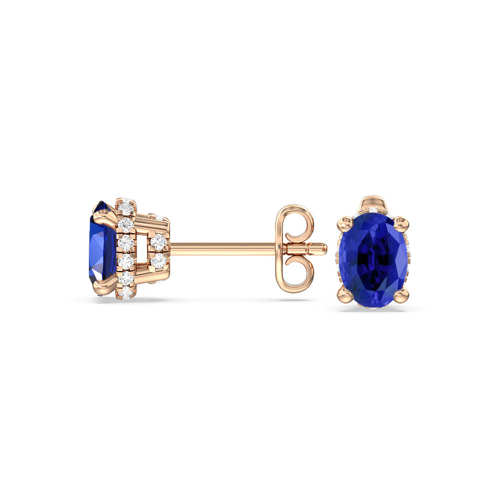 Oval Created Sapphire and Lab Diamond Classic Solitaire Under-Halo Earrings with 14KT Rose Gold Cut Diamond in 14KT Rose Gold view 2
