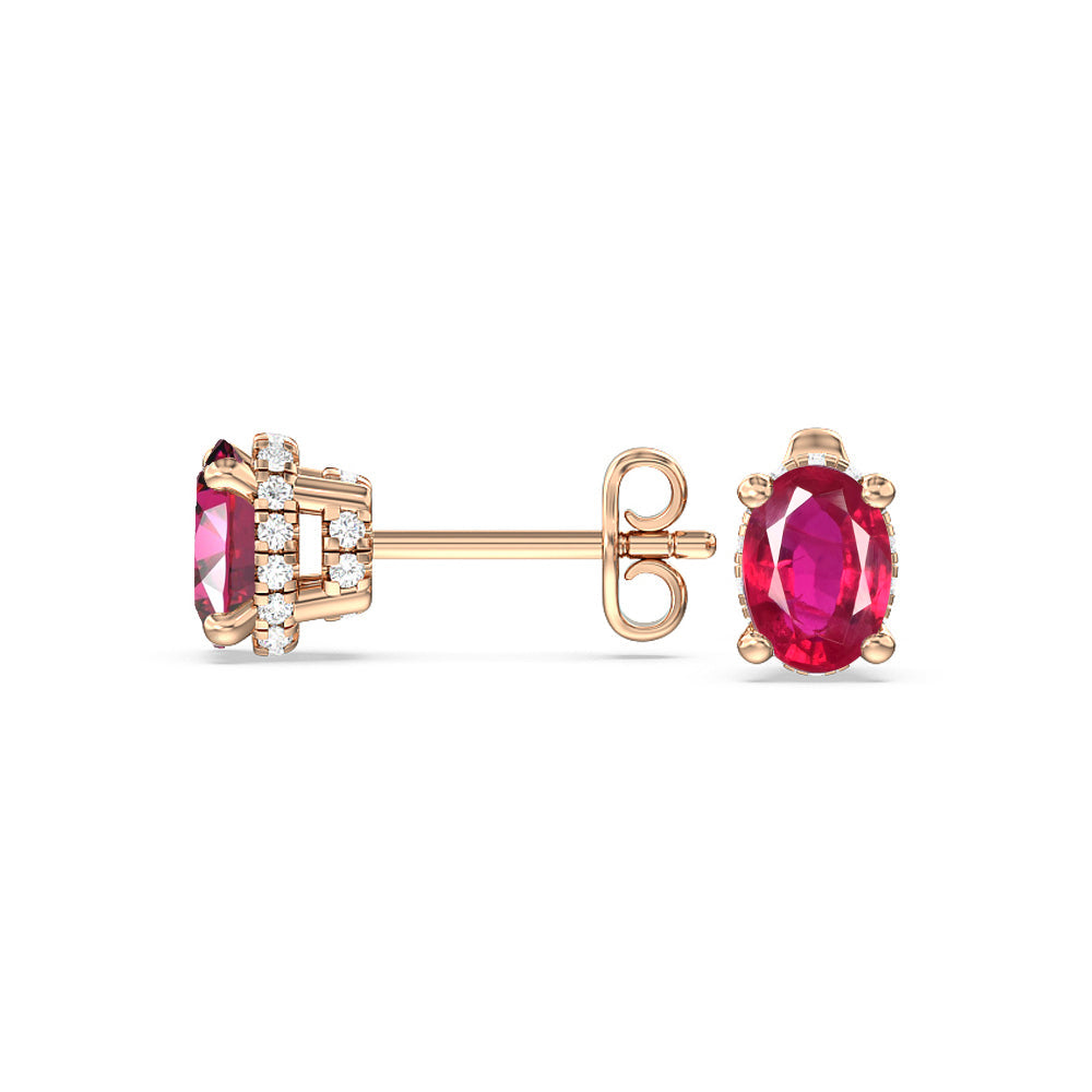 Oval Created Ruby and Lab Diamond Classic Solitaire Under-Halo Earrings with 14KT Rose Gold Cut Diamond in 14KT Rose Gold view 2
