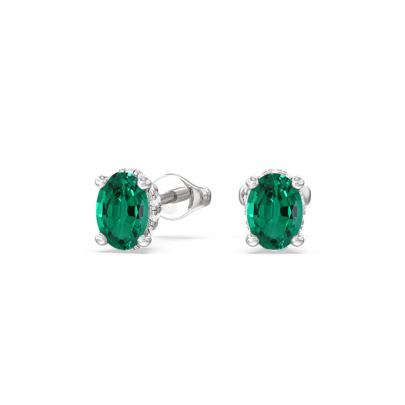 Oval Shape Created Emerald and Lab Diamond Classic Solitaire Under-Halo Earrings