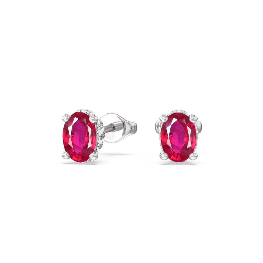 Oval Created Ruby and Lab Diamond Classic Solitaire Under-Halo Earrings with 14KT White Gold Cut Diamond in 14KT White Gold view 1
