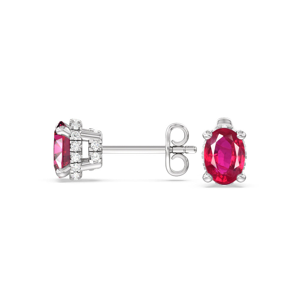 Oval Created Ruby and Lab Diamond Classic Solitaire Under-Halo Earrings with 14KT White Gold Cut Diamond in 14KT White Gold view 2
