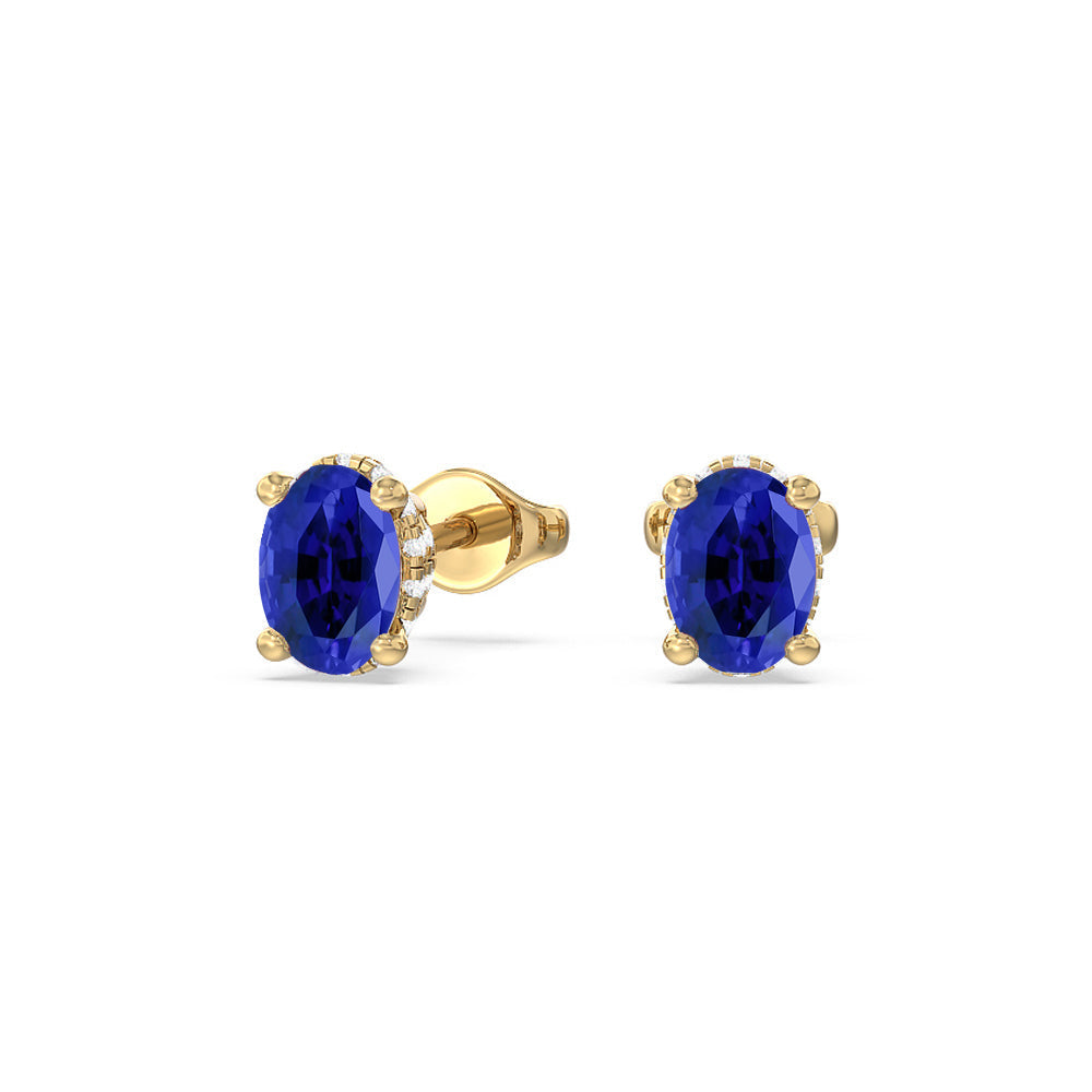 Oval Created Sapphire and Lab Diamond Classic Solitaire Under-Halo Earrings with 14KT Yellow Gold Cut Diamond in 14KT Yellow Gold view 1

