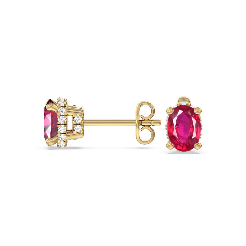 Oval Created Ruby and Lab Diamond Classic Solitaire Under-Halo Earrings with 14KT Yellow Gold Cut Diamond in 14KT Yellow Gold view 2
