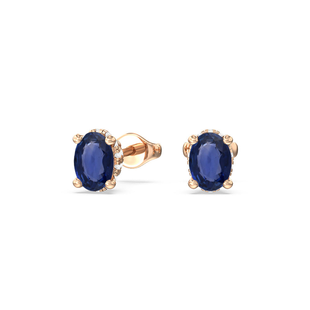 Oval Sapphire and Lab Diamond Classic Solitaire Under-Halo Earrings with 8x6 Cut Diamond in 14KT Rose Gold view 1
