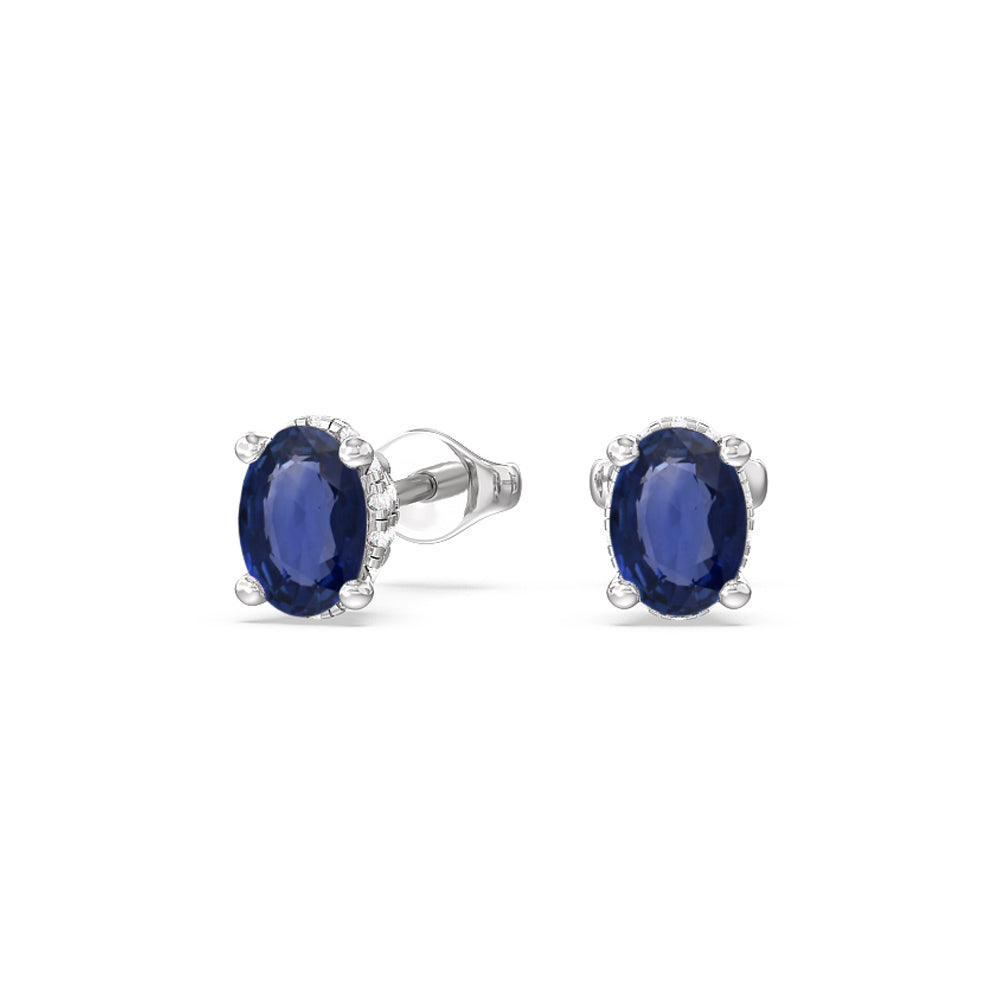 Oval Sapphire and Lab Diamond Classic Solitaire Under-Halo Earrings with 8x6 Cut Diamond in 14KT White Gold view 1
