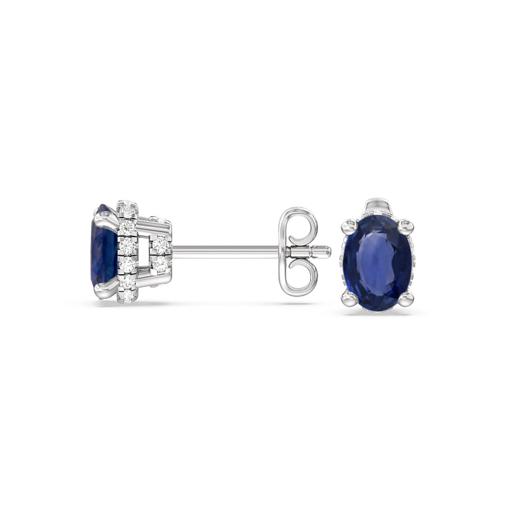 Oval Sapphire and Lab Diamond Classic Solitaire Under-Halo Earrings with 8x6 Cut Diamond in 14KT White Gold view 2
