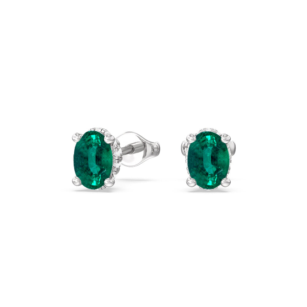 Oval Shape Emerald and Lab Diamond Classic Solitaire Under-Halo Earrings with 8x6 Cut Diamond in 14KT White Gold view 1
