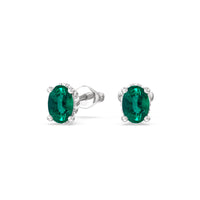 Oval Shape Emerald and Lab Diamond Classic Solitaire Under-Halo Earrings
