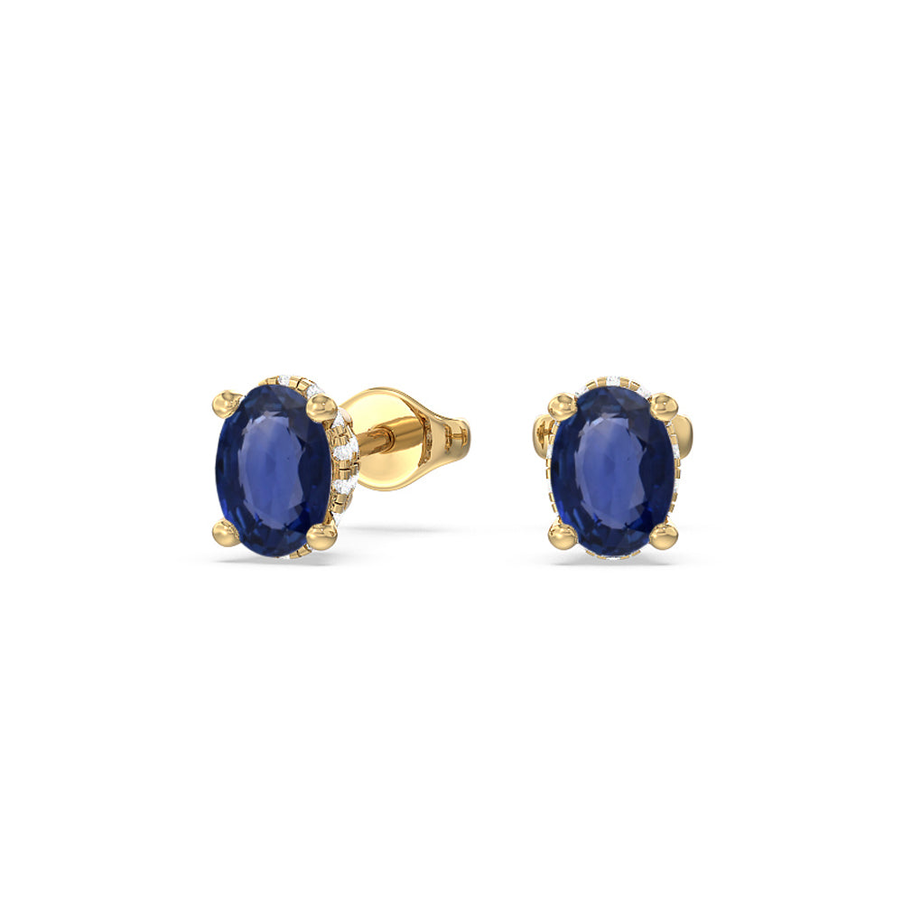 Oval Sapphire and Lab Diamond Classic Solitaire Under-Halo Earrings with 8x6 Cut Diamond in 14KT Yellow Gold view 1
