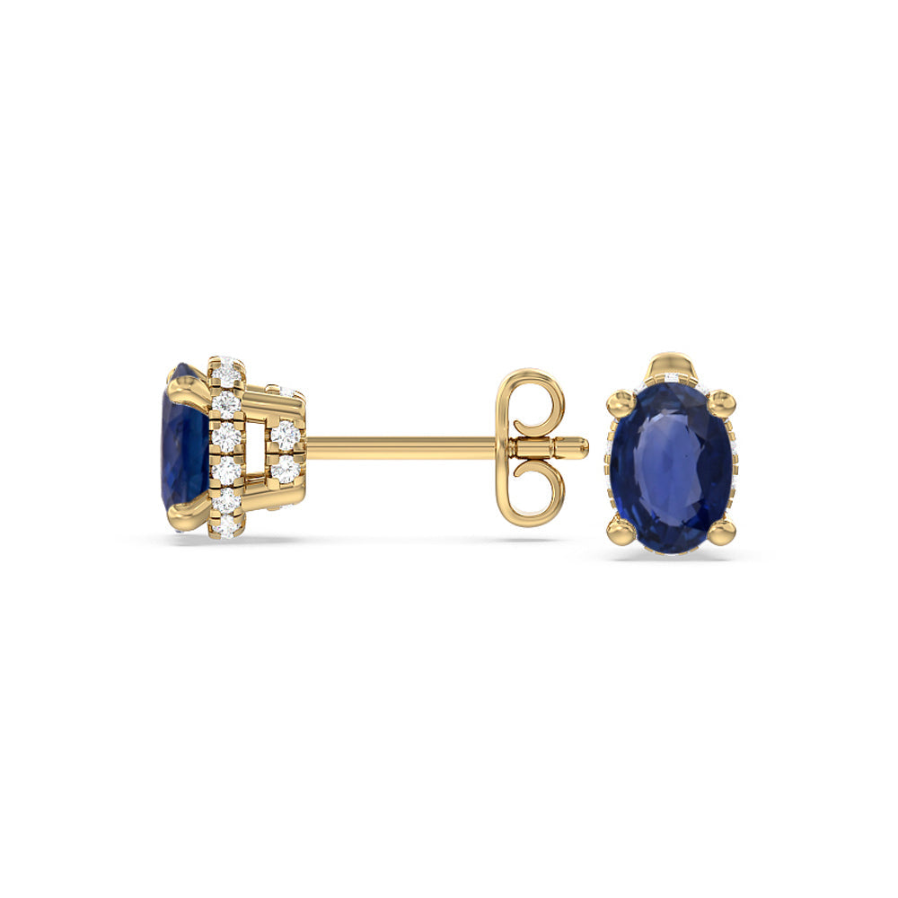Oval Sapphire and Lab Diamond Classic Solitaire Under-Halo Earrings with 8x6 Cut Diamond in 14KT Yellow Gold view 2
