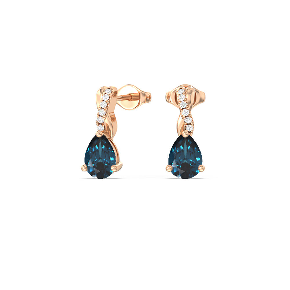 Pear London Blue Topaz Earrings With Petite Twisted Lab Diamond Top with 8x5 Cut Diamond in 14KT Rose Gold view 1
