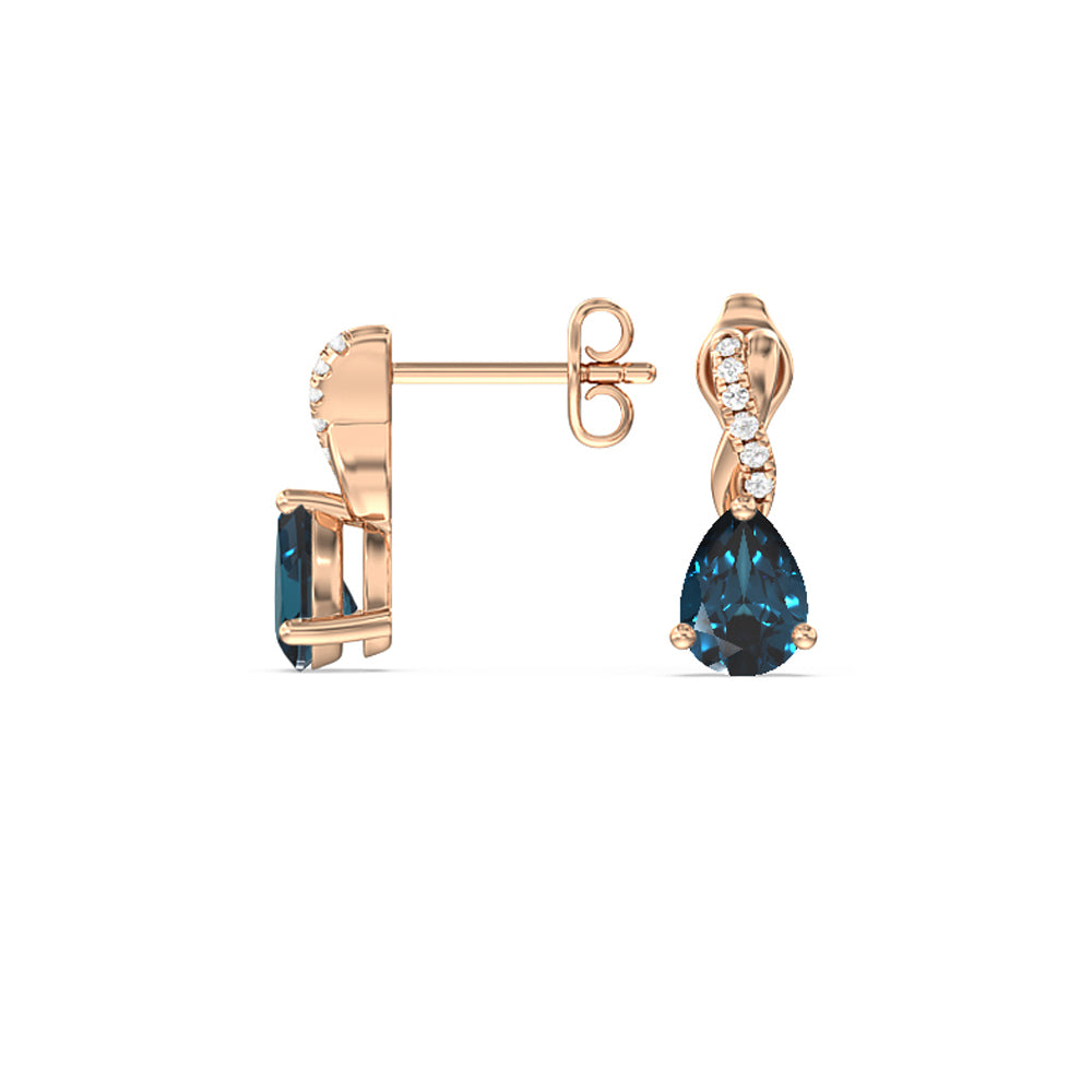 Pear London Blue Topaz Earrings With Petite Twisted Lab Diamond Top with 8x5 Cut Diamond in 14KT Rose Gold view 2
