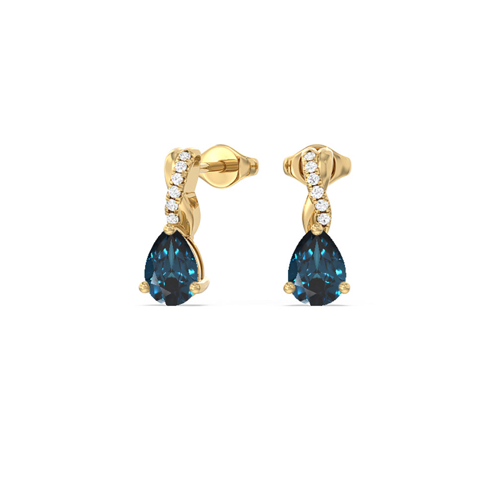 Pear London Blue Topaz Earrings With Petite Twisted Lab Diamond Top with 8x5 Cut Diamond in 14KT Yellow Gold view 1
