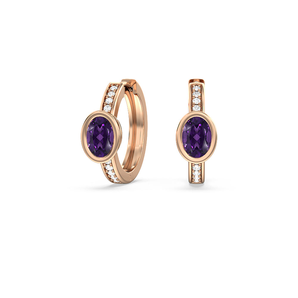 Bezel Set Oval Amethyst and Lab Diamond Classic Studded Huggies-Hoop with 8X6 Cut Diamond in 14KT Rose Gold view 1
