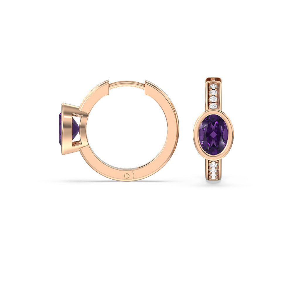 Bezel Set Oval Amethyst and Lab Diamond Classic Studded Huggies-Hoop with 8X6 Cut Diamond in 14KT Rose Gold view 2
