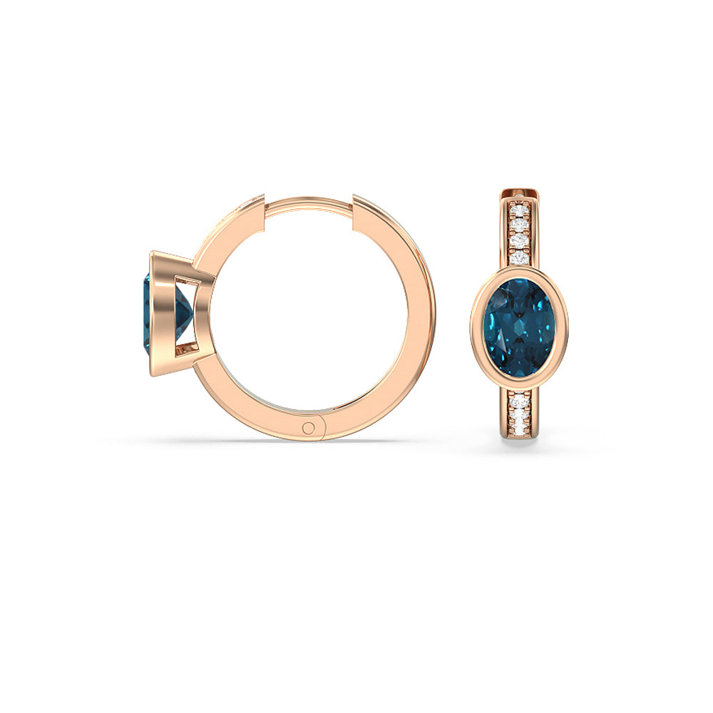 Bezel Set Oval London Blue Topaz and Lab Diamond Classic Studded Huggies-Hoop with 8X6 Cut Diamond in 14KT Rose Gold view 2
