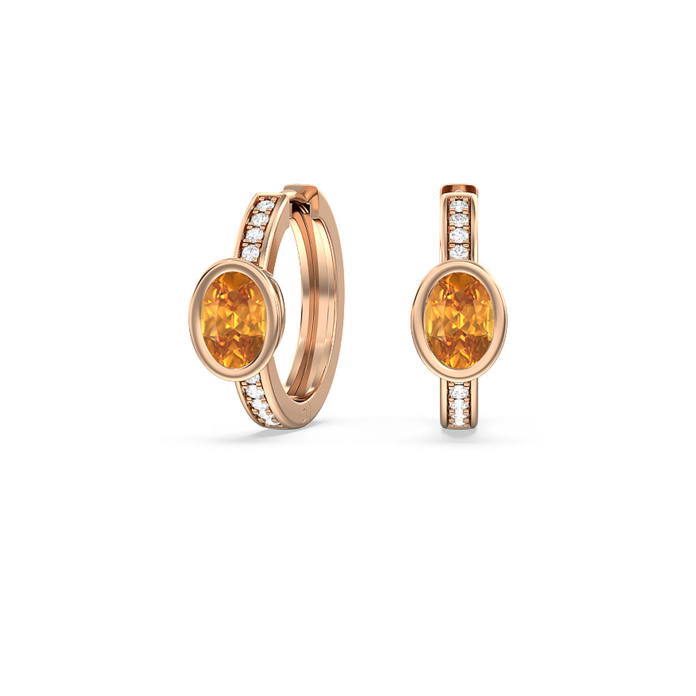 Bezel Set Oval Citrine and Lab Diamond Classic Studded Huggies-Hoop with 8X6 Cut Diamond in 14KT Rose Gold view 1

