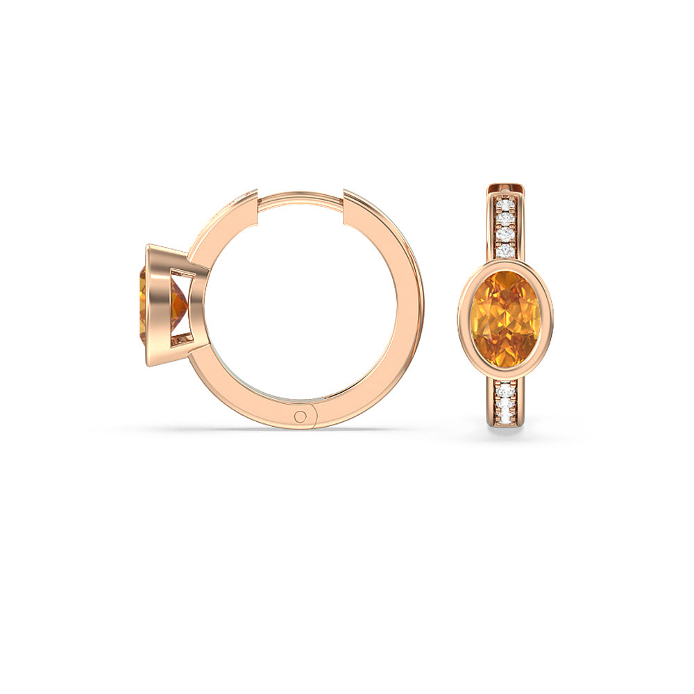 Bezel Set Oval Citrine and Lab Diamond Classic Studded Huggies-Hoop with 8X6 Cut Diamond in 14KT Rose Gold view 2
