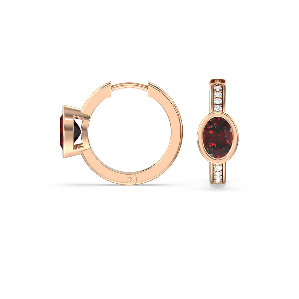 Bezel Set Oval Garnet and Lab Diamond Classic Studded Huggies-Hoop with 8X6 Cut Diamond in 14KT Rose Gold view 2
