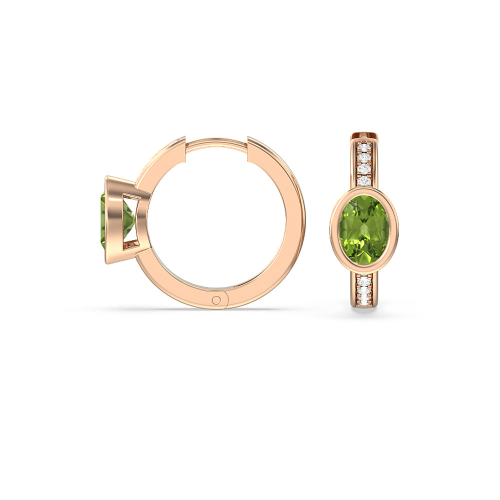 Bezel Set Oval Peridot and Lab Diamond Classic Studded Huggies-Hoop with 8X6 Cut Diamond in 14KT Rose Gold view 2
