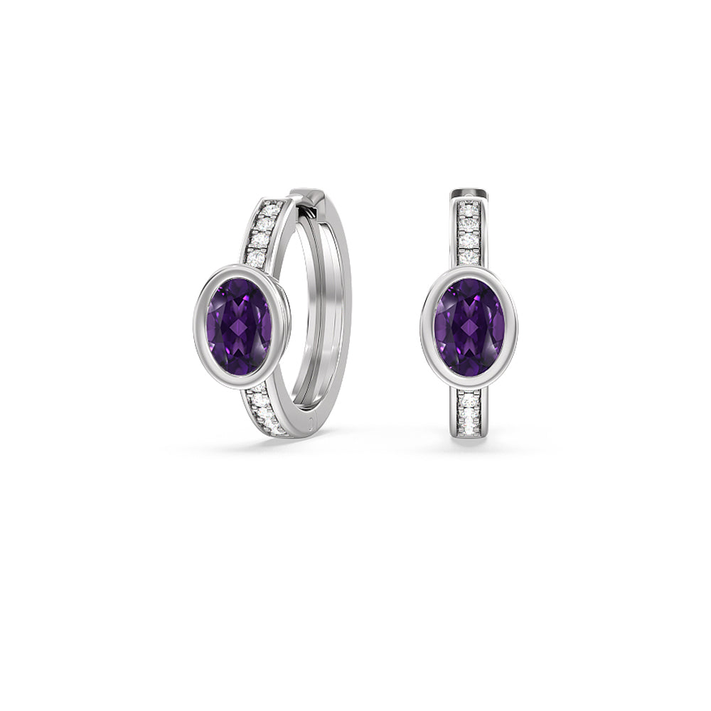 Bezel Set Oval Amethyst and Lab Diamond Classic Studded Huggies-Hoop with 8X6 Cut Diamond in 14KT White Gold view 1
