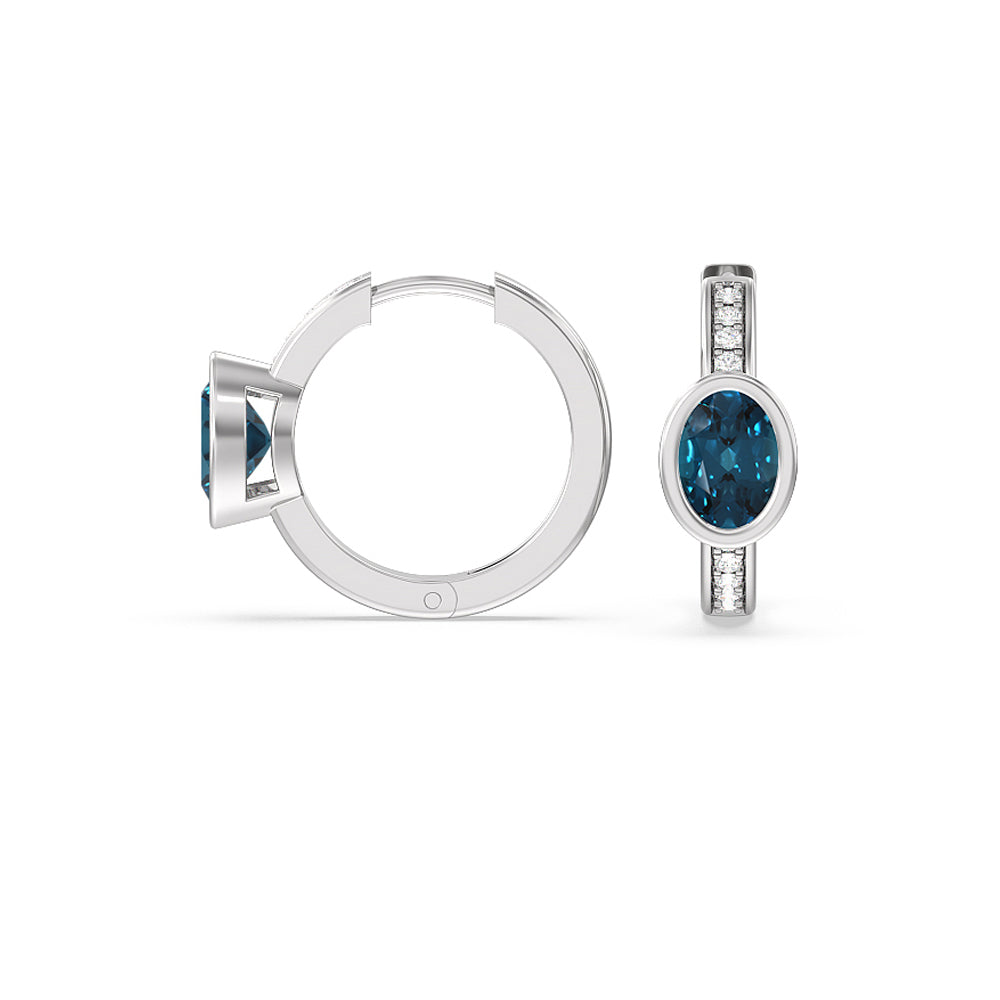 Bezel Set Oval London Blue Topaz and Lab Diamond Classic Studded Huggies-Hoop with 8X6 Cut Diamond in 14KT White Gold view 2
