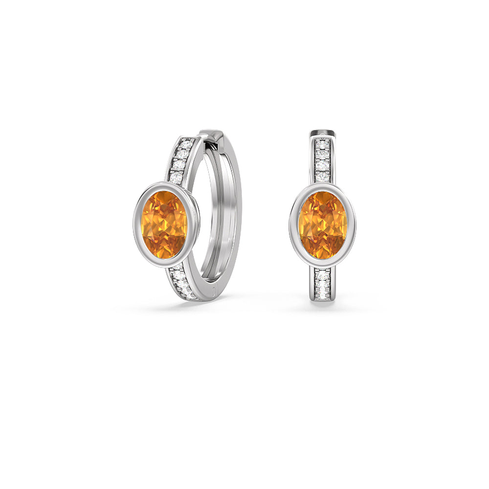 Bezel Set Oval Citrine and Lab Diamond Classic Studded Huggies-Hoop with 8X6 Cut Diamond in 14KT White Gold view 1
