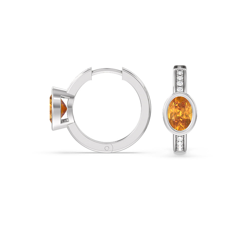 Bezel Set Oval Citrine and Lab Diamond Classic Studded Huggies-Hoop with 8X6 Cut Diamond in 14KT White Gold view 2
