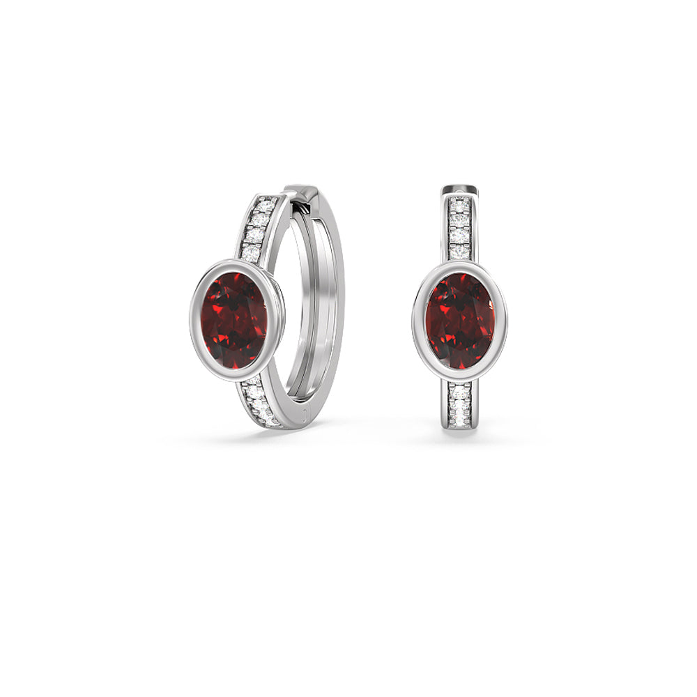Bezel Set Oval Garnet and Lab Diamond Classic Studded Huggies-Hoop with 8X6 Cut Diamond in 14KT White Gold view 1
