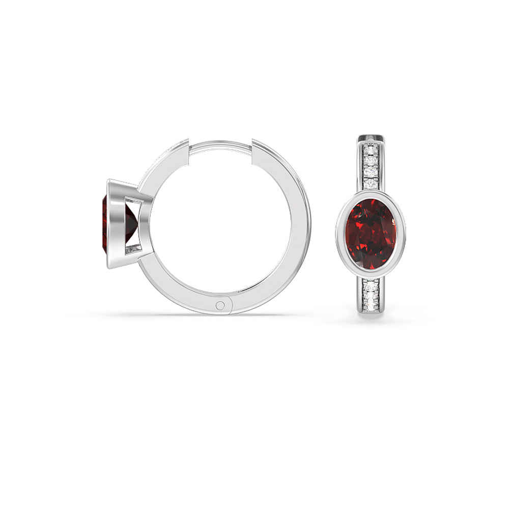 Bezel Set Oval Garnet and Lab Diamond Classic Studded Huggies-Hoop with 8X6 Cut Diamond in 14KT White Gold view 2
