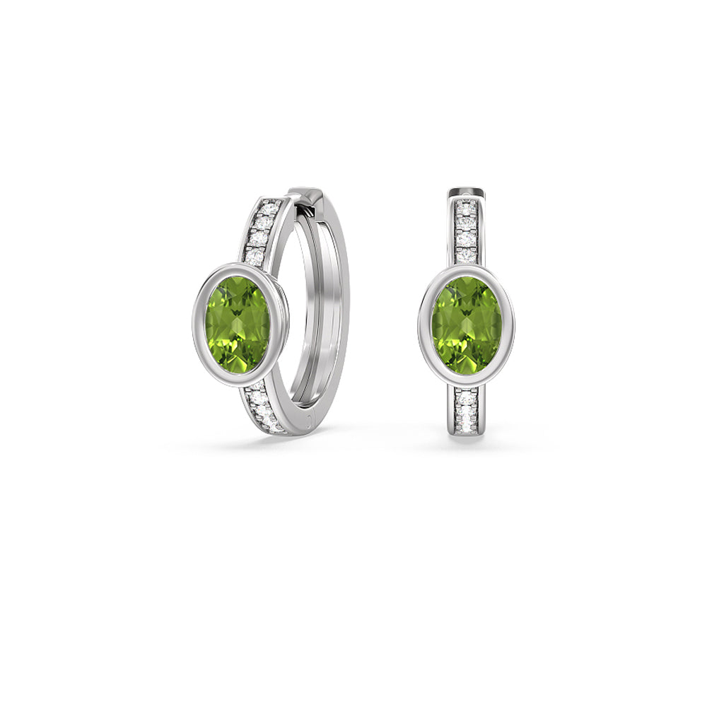 Bezel Set Oval Peridot and Lab Diamond Classic Studded Huggies-Hoop with 8X6 Cut Diamond in 14KT White Gold view 1
