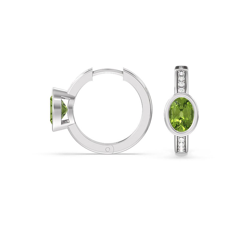 Bezel Set Oval Peridot and Lab Diamond Classic Studded Huggies-Hoop with 8X6 Cut Diamond in 14KT White Gold view 2
