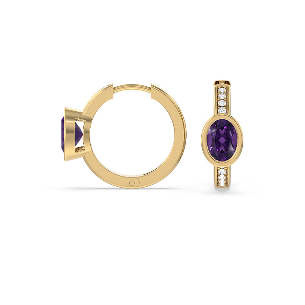 Bezel Set Oval Amethyst and Lab Diamond Classic Studded Huggies-Hoop (14KT Yellow Gold) with 6X4 Cut Diamond in 14KT Yellow Gold view 2
