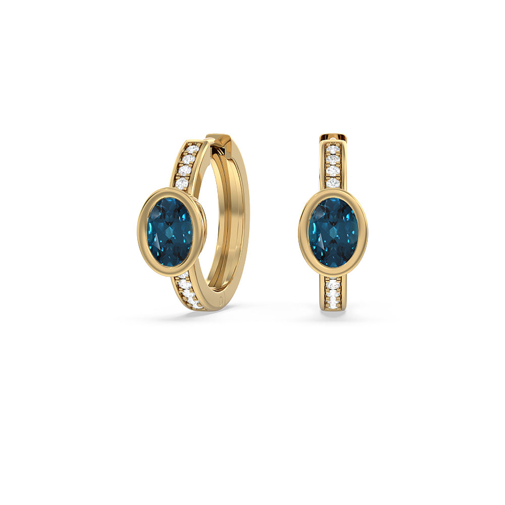 Bezel Set Oval London Blue Topaz and Lab Diamond Classic Studded Huggies-Hoop (14KT Yellow Gold) with 6X4 Cut Diamond in 14KT Yellow Gold view 1
