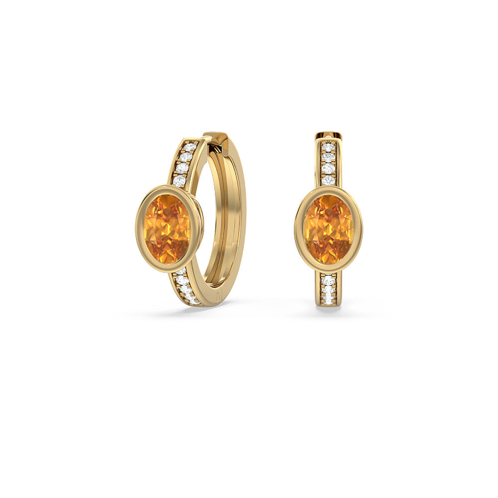 Bezel Set Oval Citrine and Lab Diamond Classic Studded Huggies-Hoop (14KT Yellow Gold) with 6X4 Cut Diamond in 14KT Yellow Gold view 1
