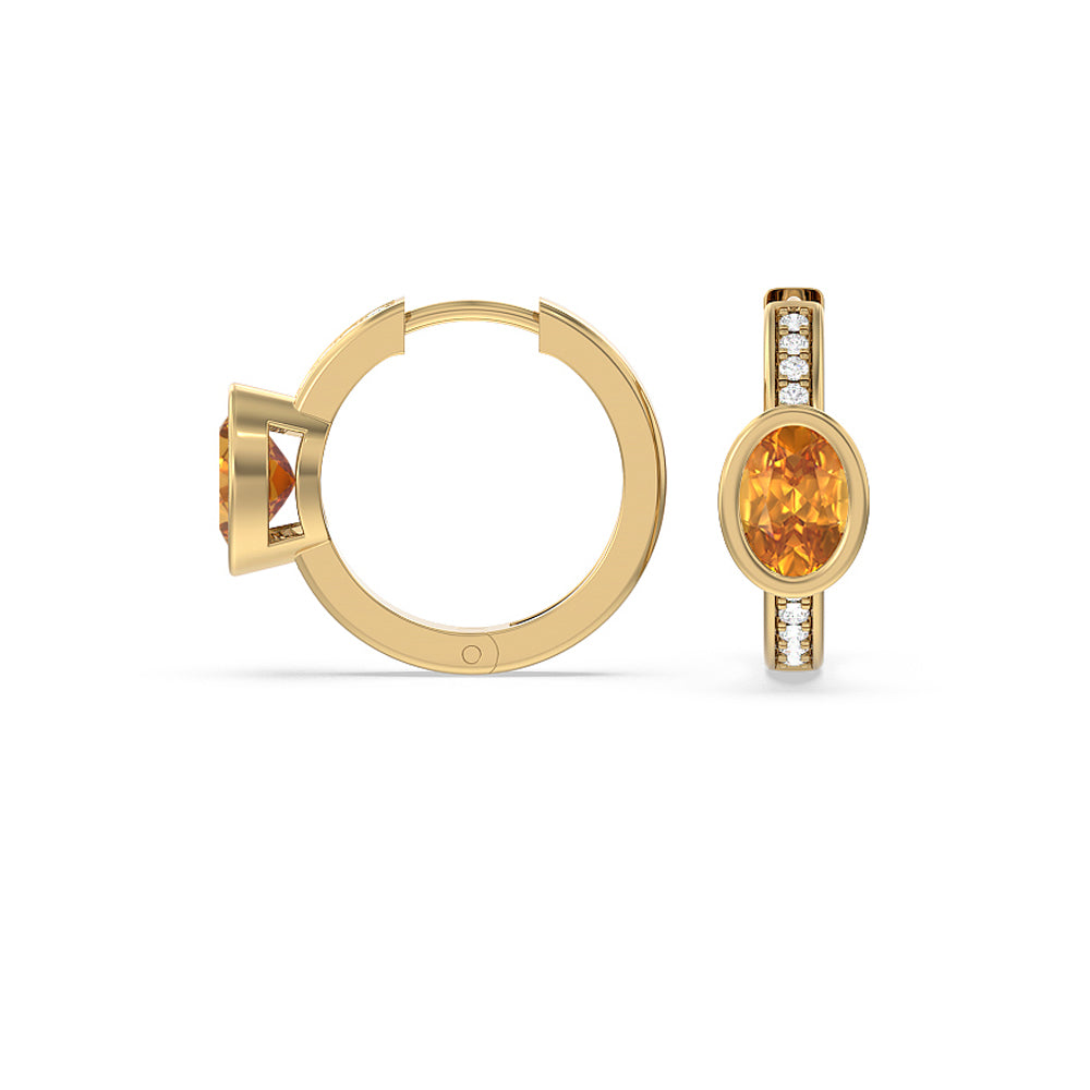 Bezel Set Oval Citrine and Lab Diamond Classic Studded Huggies-Hoop (14KT Yellow Gold) with 6X4 Cut Diamond in 14KT Yellow Gold view 2
