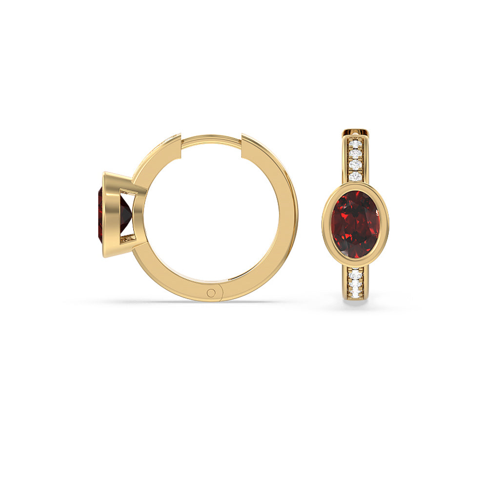 Bezel Set Oval Garnet and Lab Diamond Classic Studded Huggies-Hoop (14KT Yellow Gold) with 6X4 Cut Diamond in 14KT Yellow Gold view 2
