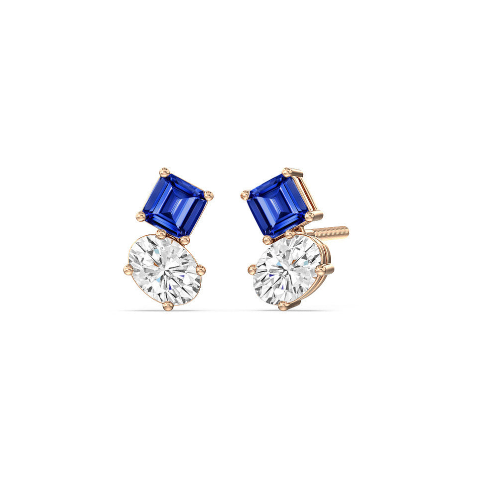 Toi et Moi Created Sapphire Square Emerald and Oval Diamond Stud Earrings with 14KT Rose Gold Cut Diamond in 14KT Rose Gold view 1
